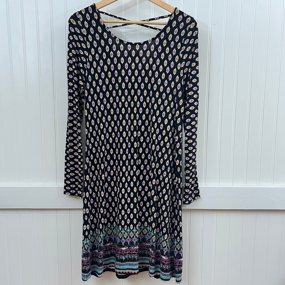 Loveappella Black Floral Whimsygoth Boho Twee Long Sleeve Swing Dress Size M
